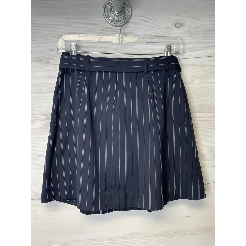 Banana Republic Skirt Womens 00 Petite Navy Blue Pinstripe Front‎ Tie Wrap Mini